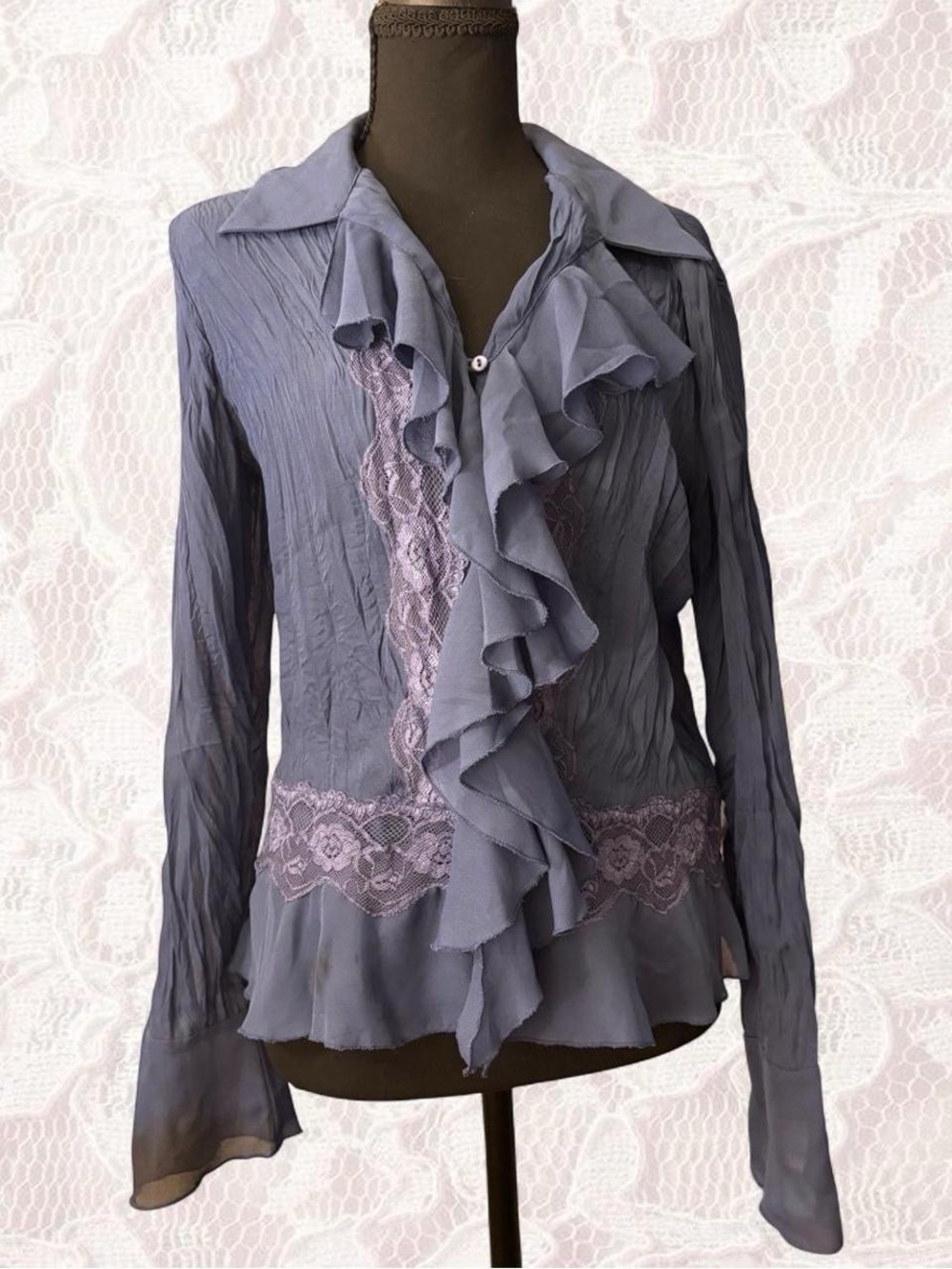 Ruffled Lace-Trim Women's Blouse - Dusty blue